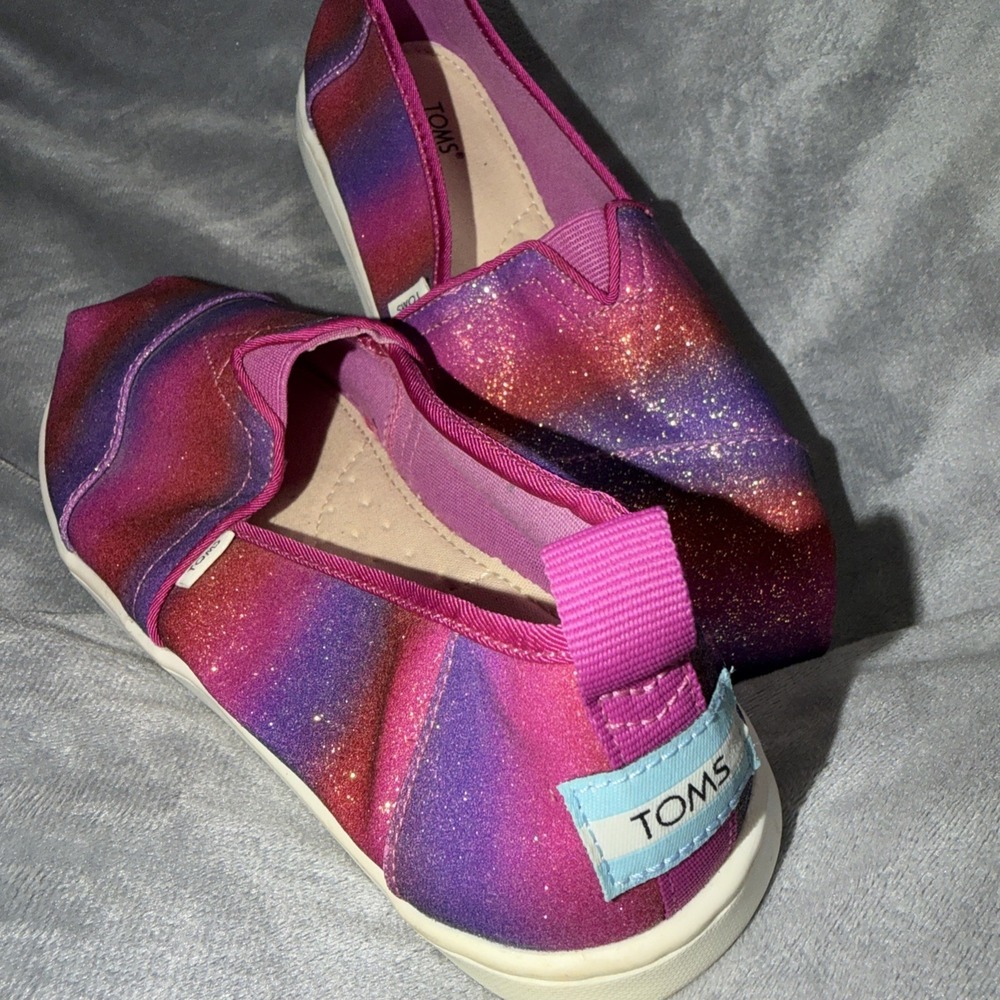TOMS Girls Pink & Purple Glitter Slip On Canvas Alpargata Shoe Size 4 Youth
